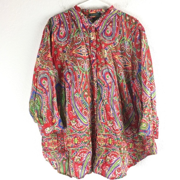 Ralph Lauren Paisley Button Shirt Plus Women Size 3X Multicolor Red - Picture 1 of 12